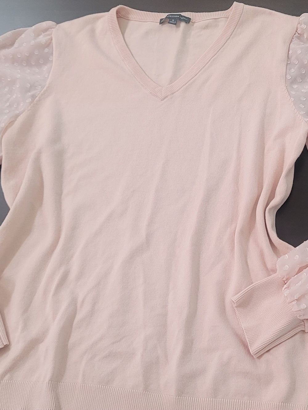 Adrianna Papell Blush Peach Pink V-Neck Sweater with Sheer Dot Sleeves